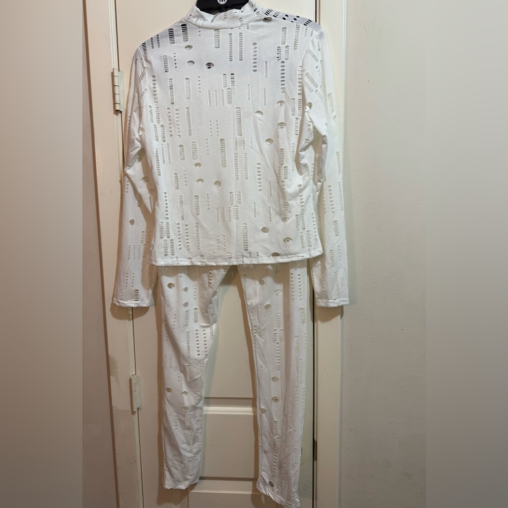 White Eyelet Long Sleeve Top and Pants Set